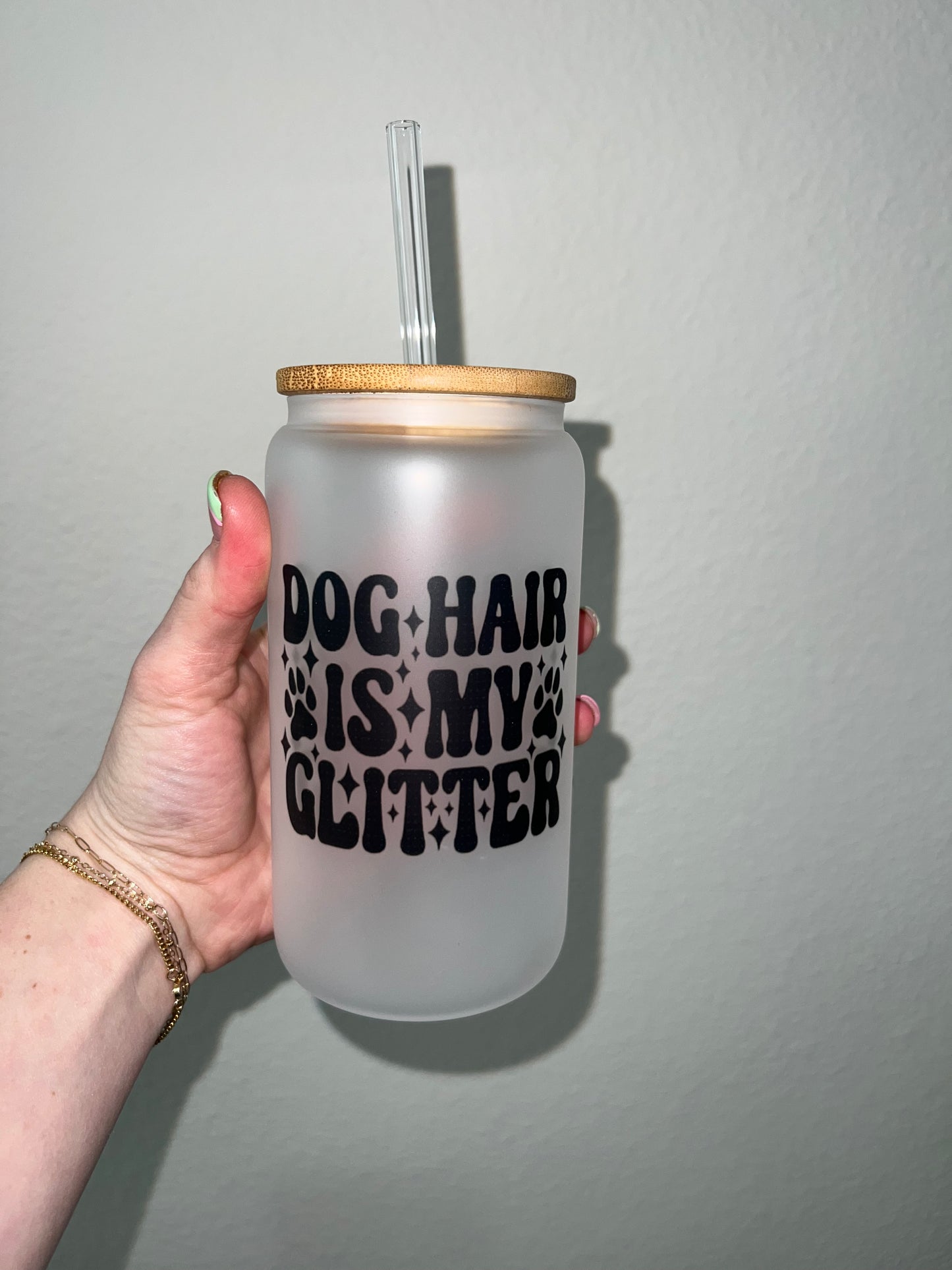 Dog Hair is my Glitter Soda Can Glass