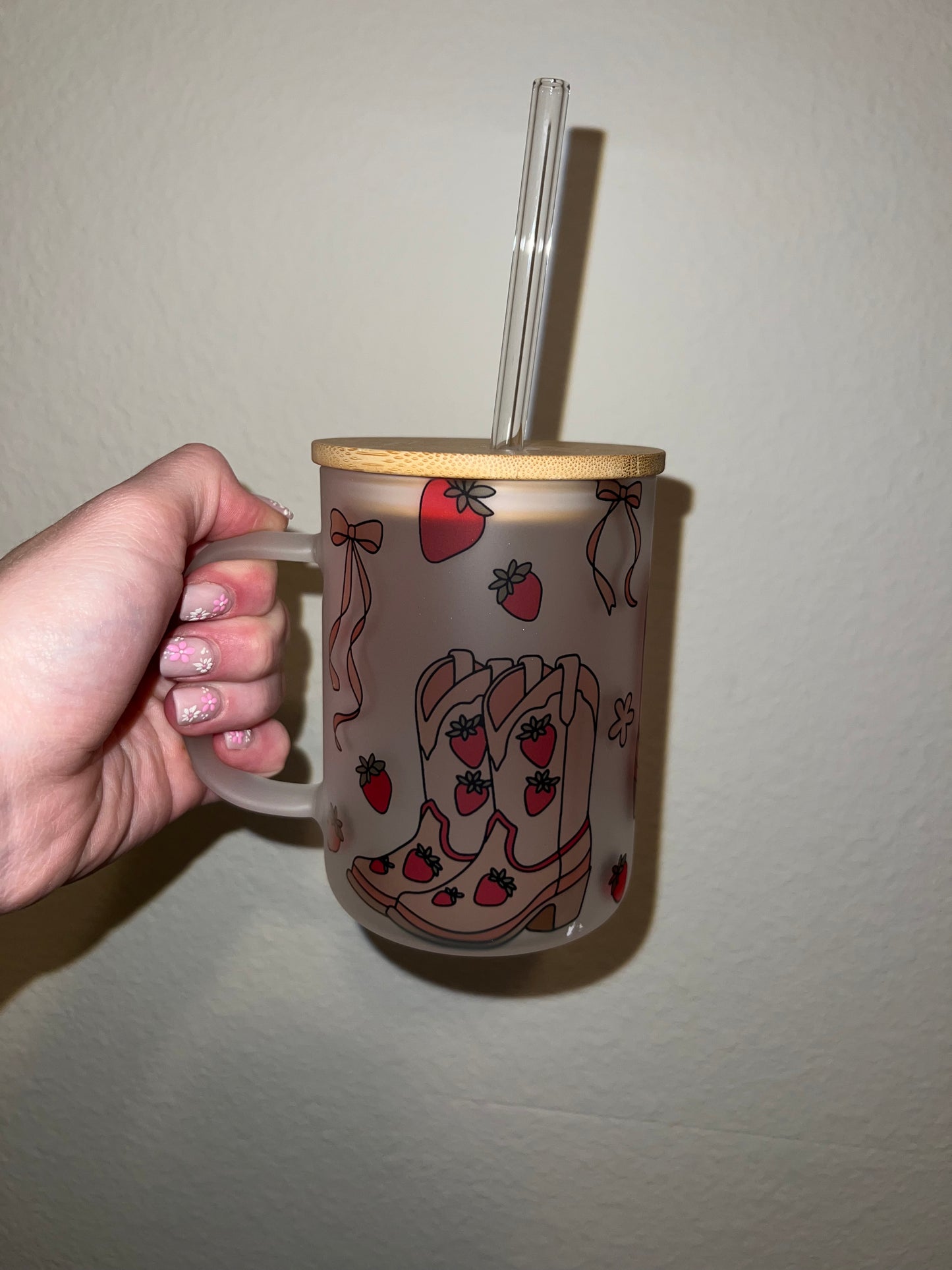 Strawberry Boots Glass Mug w/ Lid