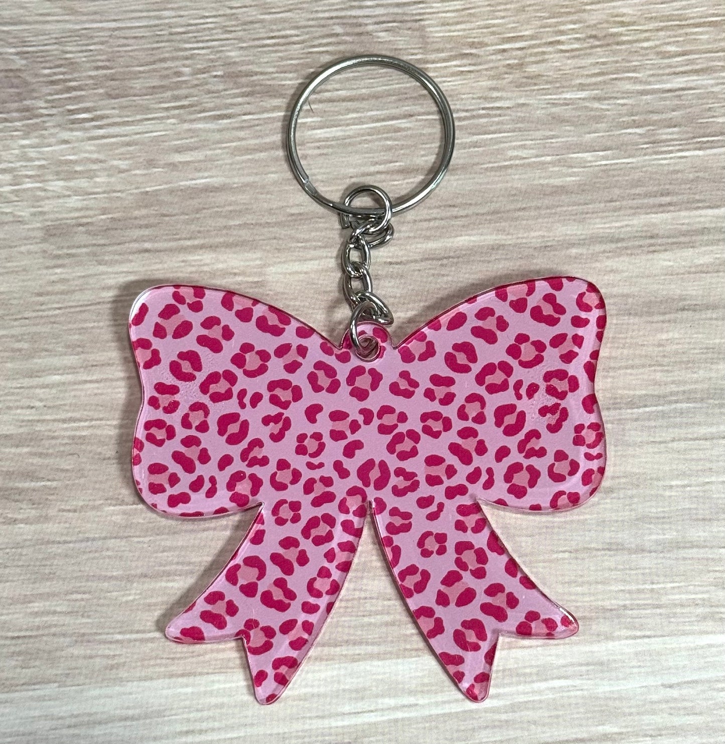 Pink Leopard Acrylic Bow Keychain