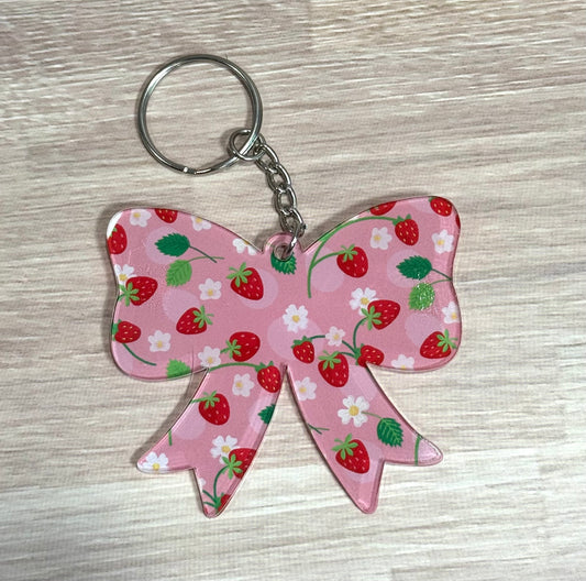 Strawberry Vine Pink Acrylic Bow Keychain