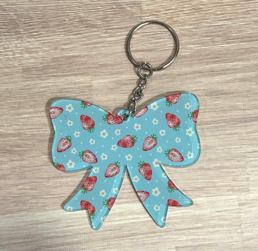 Strawberries & Flowers Blue Acrylic Bow Keychain