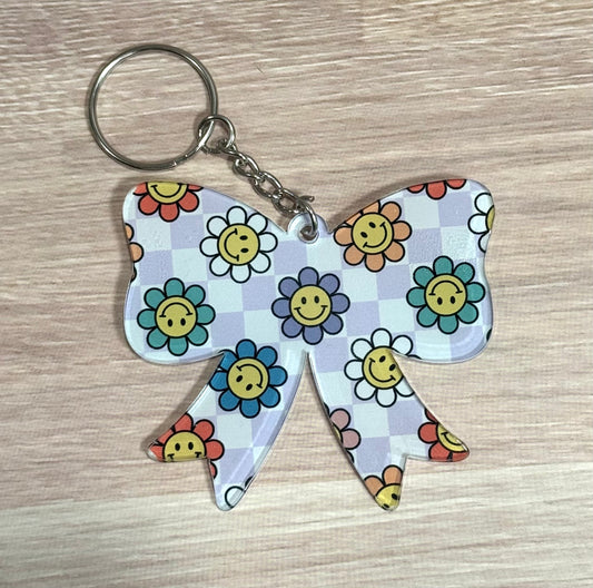 Checkered Happy Daisy Acrylic Bow Keychain