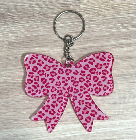 Pink Leopard Acrylic Bow Keychain