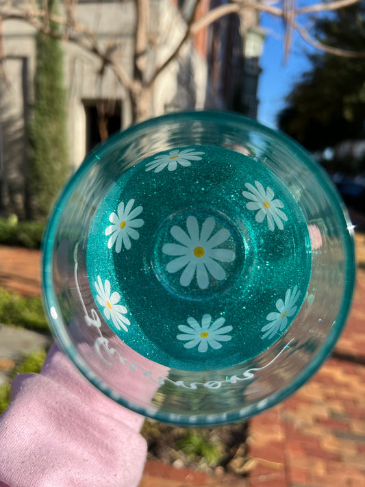 Glitter Dipped Sunflower Wine Glass